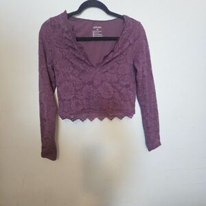 RioRia Purple Lace Women's Crop Top‎ Blouse Fitted Medium Vneck